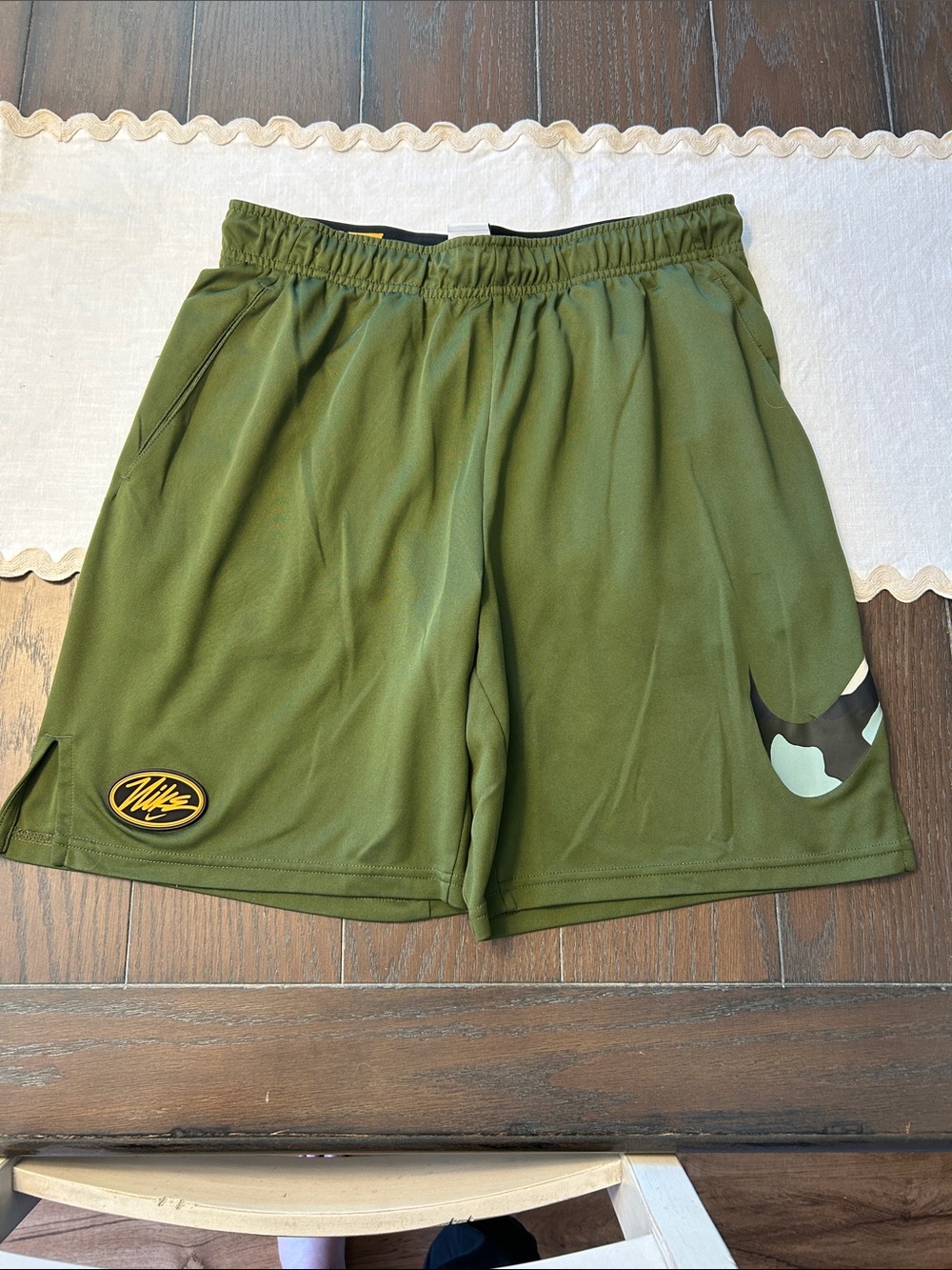 Nike Olive Green Athletic Basketball Shorts with Camo Swoosh